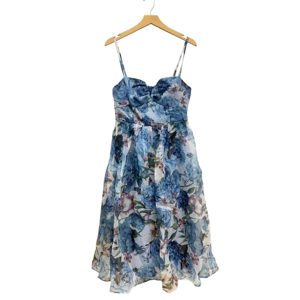 Lulus Cherished Aura Blue Multi Floral Organza Bustier Midi Dress size L NWT - Picture 3 of 6